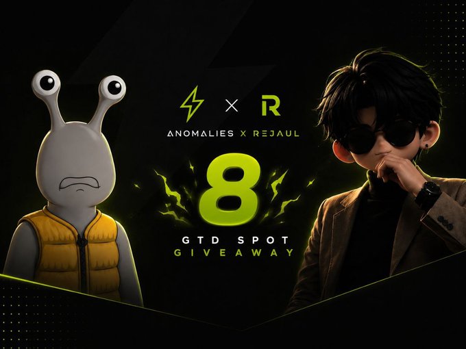 The promotional image features a white alien-like character in a yellow vest on the left and a man with sunglasses on the right, with text "ANOMALIES X REJAUL" and "8 GTD SPOT GIVEAWAY" displayed prominently in the center. The graphic supports the announcement of an 8-spot giveaway for the Anomalies x Rejaul NFT collection launching on the Ethereum chain.