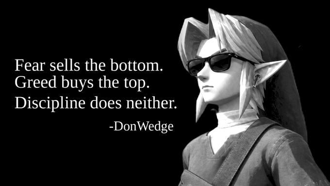 A black-and-white image features a stylized character with pointed ears and sunglasses beside the quote "Fear sells the bottom. Greed buys the top. Discipline does neither." by DonWedge, reinforcing the post's advice to buy red (sell fear) and sell green (sell greed) through disciplined trading.