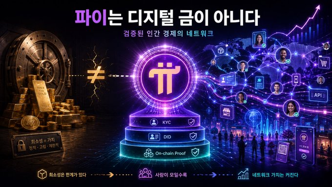 The image shows a futuristic digital poster contrasting traditional gold bars and a vault on the left with a glowing Pi (π) cryptocurrency symbol on the right, surrounded by networked users, APIs, and blockchain icons, with Korean text including "파이는 디지털 금이 아니다" (Pi is not digital gold) and labels like KYC, DID, and On-chain Proof. The accompanying caption explains why equating Pi to "digital gold" misses the point—since gold's value derives from artificial scarcity and supply tightening, it misrepresents Pi's network-based, utility-driven economy built on verified human identity and connectivity rather than limited supply.