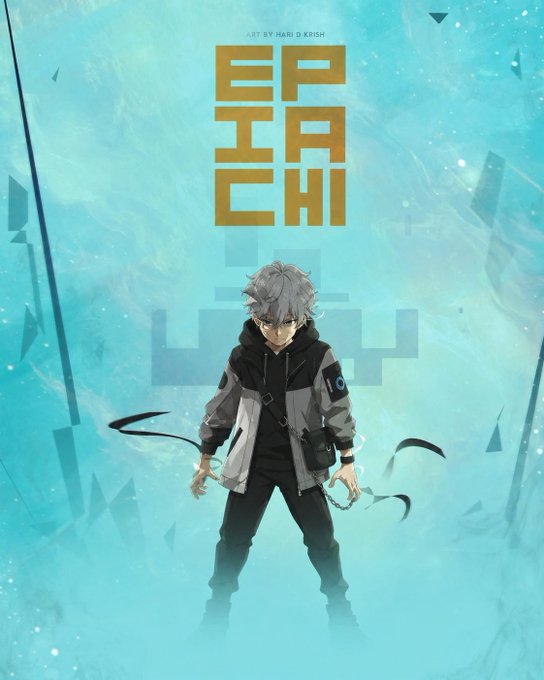 Anime-style artwork by Hari D. Krish titled "EPARCH," showing a grey-haired character in a techwear jacket standing against a teal, watery background.
