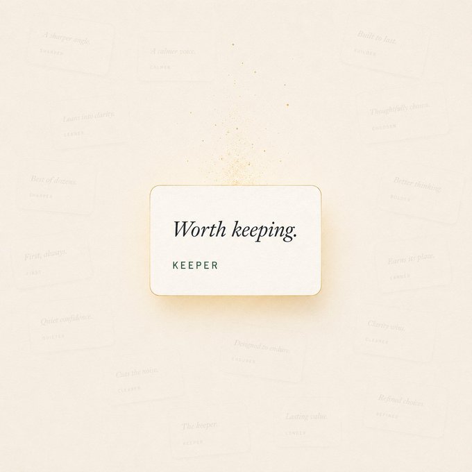 A white card with the text 'Worth keeping.' and 'KEEPER' is centered on a cream background with faint related cards scattered around.