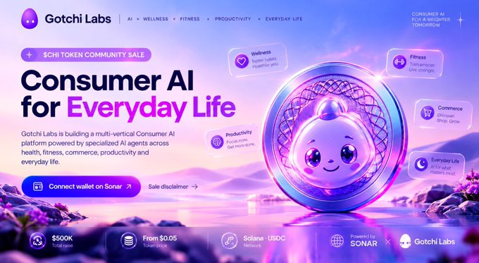 Gotchi Labs website displays '$CHI TOKEN COMMUNITY SALE' for 'Consumer AI for Everyday Life', powered by Sonar on the Solana network with a $500K total raise.