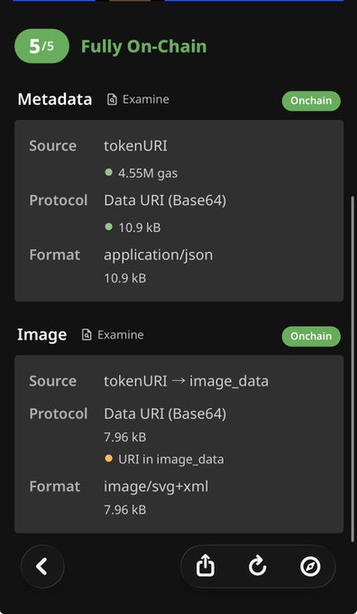 A mobile app screen showing item '5/5 Fully On-Chain' with 'Metadata' marked as 'Onchain' (4.55M gas, application/json 10.9 kB) and 'Image' marked as 'Onchain' (image/svg+xml 7.96 kB).