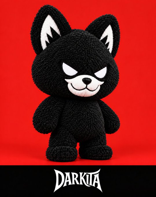 A black plush toy character with pointed ears and a mischievous grin stands against a red background with the 'DARKITA' logo below.