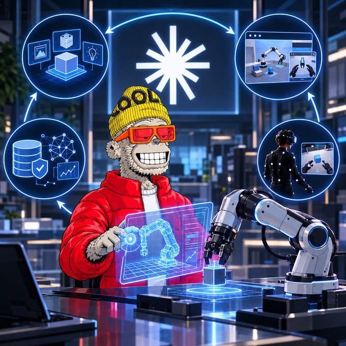 Vibrant digital illustration of a cartoon monkey character wearing a yellow beanie, orange sunglasses, and a red jacket, interacting with holographic interfaces and a robotic arm in a futuristic tech lab setting.
