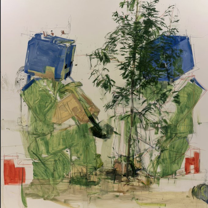 An abstract mixed-media painting featuring geometric blue cubic shapes, green foliage, and sketchy line work with red accents on a white background.