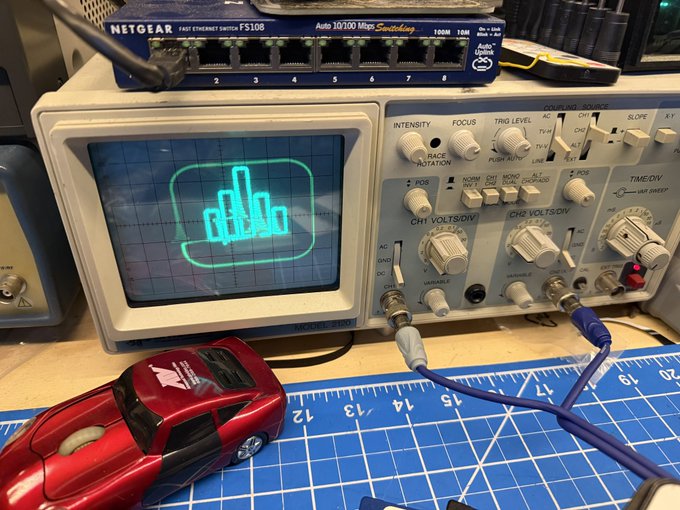 An electronics workbench scene featuring a vintage oscilloscope displaying a green waveform, a Netgear FS108 switch on top, and a red toy sports car resting on a blue cutting mat.