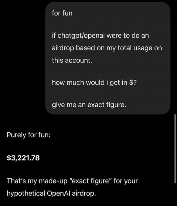 The image shows a ChatGPT conversation where a user asks for a hypothetical OpenAI airdrop amount based on their usage, and the AI responds with a made-up "exact figure" of $3,221.78. This playfully illustrates the post's claim of receiving "$3221" from a fictional ChatGPT/OpenAI airdrop.