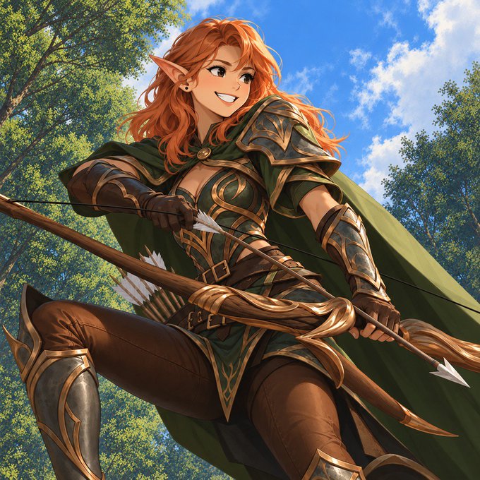 Anime-style illustration of a red-haired elf archer in green and brown armor holding a bow, drawn from a low angle against a forest and blue sky background.
