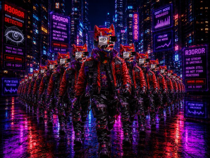 Cyberpunk-style image showing multiple figures in red and black outfits with fox-like helmets walking through a neon-lit city street, surrounded by digital billboards with text including 'R30RDR', 'DRIFT NODE ENGAGED', 'FOLLOW THE NOISE', 'SIGNAL INTERFERENCE DETECTED', and 'FLOW STATE UNLOCKED'.
