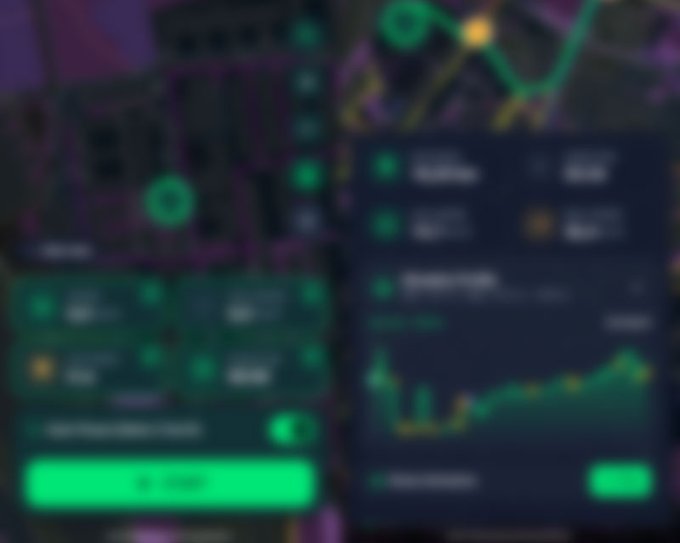 A heavily blurred screenshot of a cryptocurrency or trading dashboard interface featuring charts, green data points, and various UI panels.