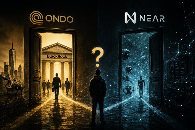 The image depicts a silhouette of a person standing between two glowing doorways, each leading to a different vision: the left door is labeled "ONDO" and shows a classical BlackRock building with businessmen walking through, while the right door is labeled "NEAR" and features a futuristic, network-like landscape with robotic figures, symbolizing the choice between investing in institutional adoption ($ONDO) versus AI-driven ecosystems ($NEAR).