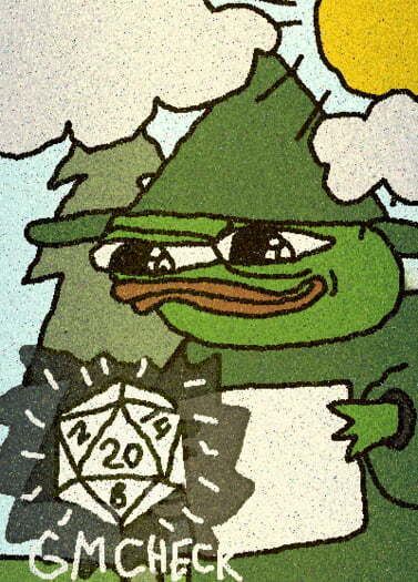An illustration of a green Pepe the Frog character wearing sunglasses and holding a large d20 die, with 'GMCHECK' written below.