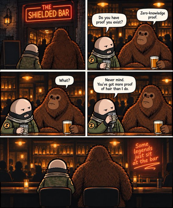 A six-panel comic titled 'THE SHIELDED BAR' depicting a conversation between a soldier and a Bigfoot about 'zero-knowledge proof' and 'proof of hair'.