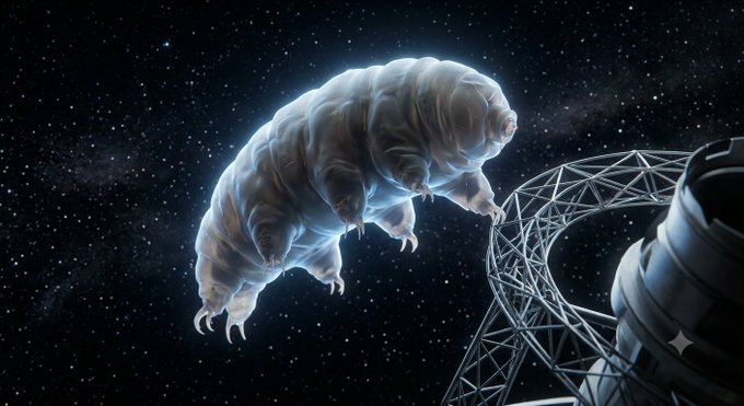 A digital illustration of a large, pale tardigrade floating in space near a satellite or space station structure against a starry background.