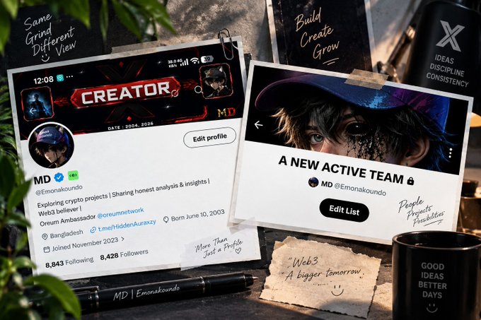 A stylized creator profile graphic for “MD” (@Emanakoundo) promotes “A NEW ACTIVE TEAM,” with text such as “Same Grind Different View,” “Build Create Grow,” and “Web3 A bigger tomorrow.”