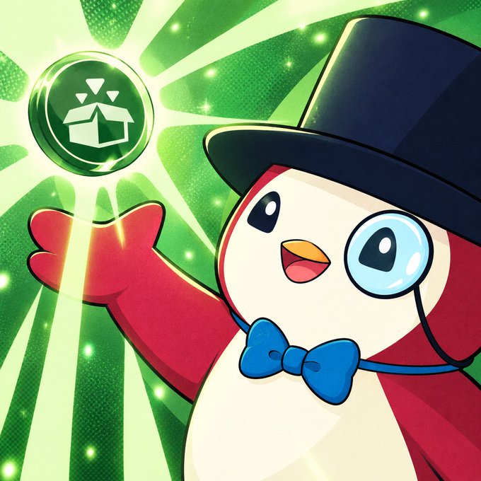A bright green promotional illustration shows a cartoon penguin-like character in a top hat holding up a glowing green box icon.