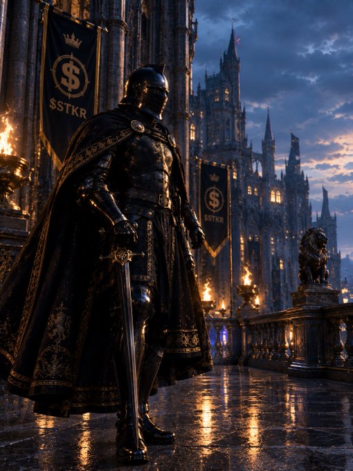 A dark fantasy illustration of a knight in ornate black and gold armor standing in a grand, torch-lit castle courtyard with banners displaying '$STKR'.