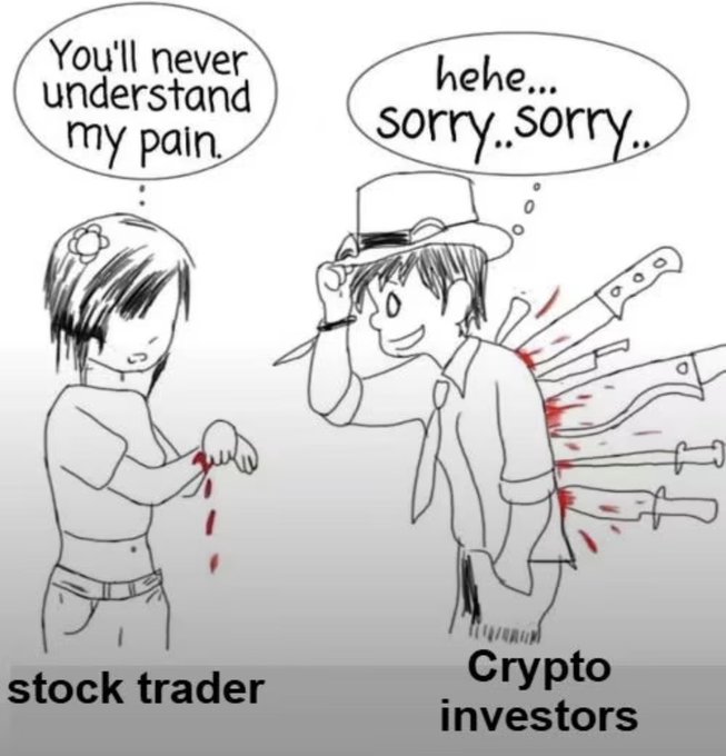 This meme depicts a "stock trader" telling a "Crypto investor" covered in knives, "You'll never understand my pain," while the crypto investor replies, "hehe... sorry.. sorry.."