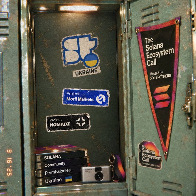 An open green metal locker displays various stickers including 'UKRAINE', 'Project Morfi Markets', 'Project NOMADZ', and a 'The Solana Ecosystem Call' pennant, alongside a stack of books labeled 'SOLANA Community Permissionless Ukraine'.