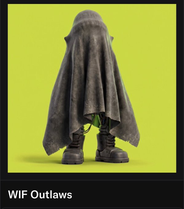 A cloaked figure in a tattered gray hooded cape stands against a bright yellow-green background, wearing rugged black combat boots, with the text "WIF Outlaws" displayed at the bottom. The image relates to the post by showcasing a character NFT ("fp") within the RobinWifHat collection, which is described as having a floor price of $371 and rising.