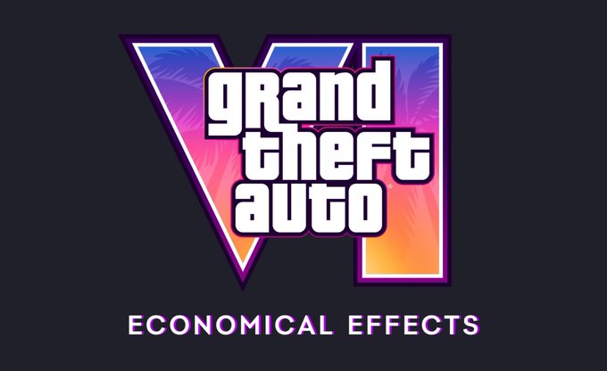 A modified Grand Theft Auto VI logo in vibrant pink, purple, and orange gradient colors with the text 'ECONOMICAL EFFECTS' below it on a dark background.