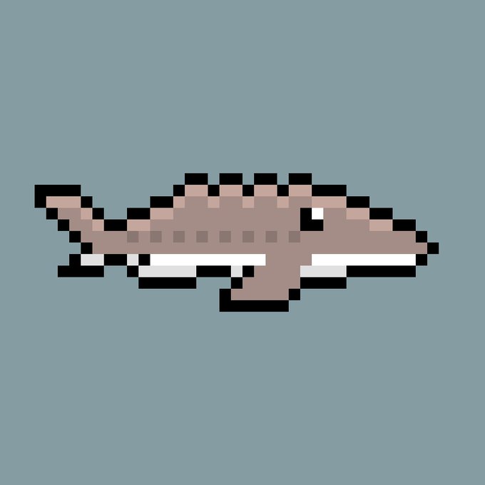 A simple pixel art illustration of a gray and pink crocodile or alligator head shown in profile against a solid gray background.