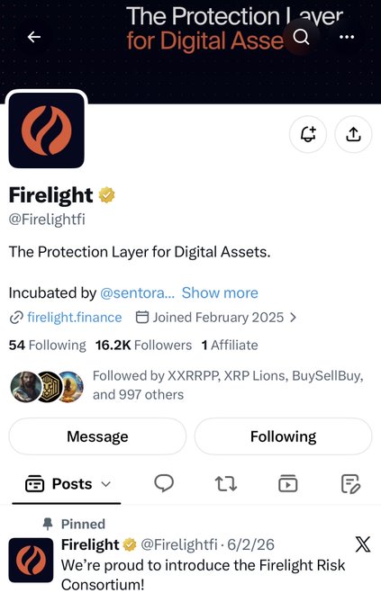 Firelight (@Firelightfi) Twitter/X profile page showing "The Protection Layer for Digital Assets" with 54 Following, 16.2K Followers, 1 Affiliate, and a pinned tweet from 6/2/26 announcing the "Firelight Risk Consortium." The image relates to the post by being the legitimate-looking profile of Firelight, which the poster warns is being impersonated by scammers in tagged posts.