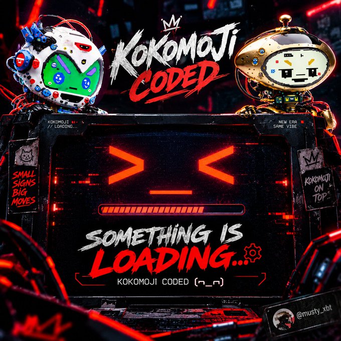 A promotional graphic for "KOKOMOJI CODED" featuring two robotic emoji characters and a loading screen with red glitchy text reading "SOMETHING IS LOADING..."