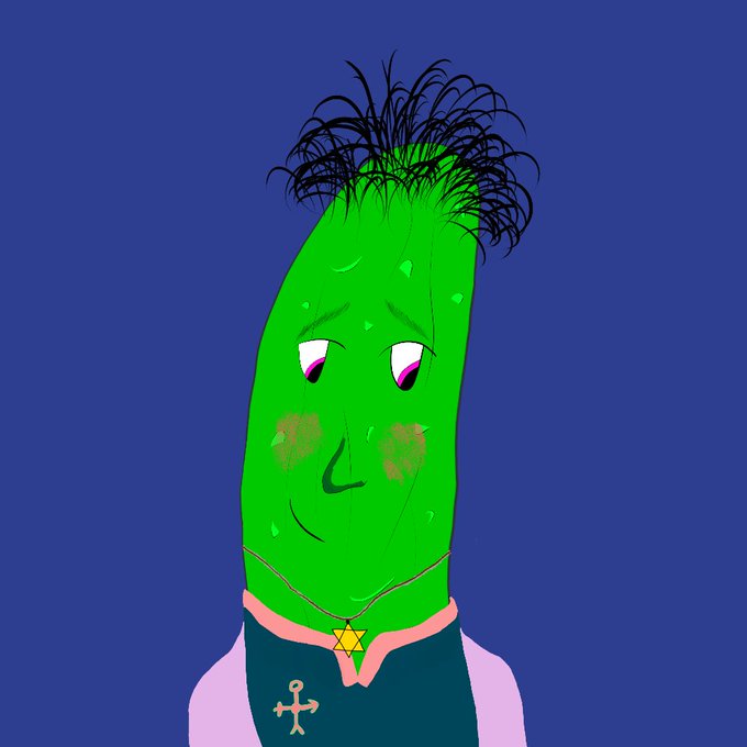 A digital illustration of a green, pickle-like character with messy black hair, pink blushing cheeks, and a yellow Star of David necklace on a purple background.