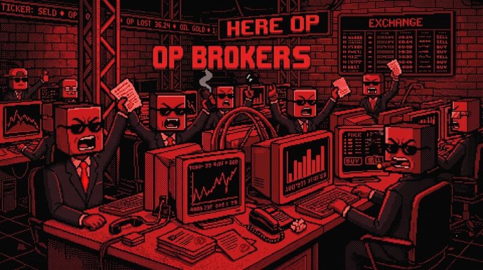 A red-toned pixel art illustration titled 'OP BROKERS' depicts an aggressive trading floor with angry figures wearing suits, with visible text including 'TICKER: SELD', 'OP LOST 36.24', 'OIL GOLD', 'HERE OP', and 'EXCHANGE'.