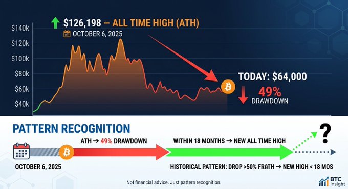 The image displays a Bitcoin (BTC) price chart showing the all-time high of $126,198 on October 6, 2025, compared to the current price of $64,000, representing a 49% drawdown, along with a "Pattern Recognition" timeline illustrating that previous 50%+ drawdowns historically led to new all-time highs within 18 months.