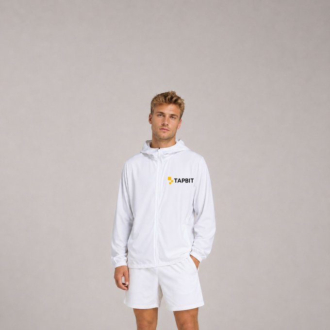 A man wearing a white zip-up hooded jacket with a 'TAPBIT' logo and matching white shorts, standing against a plain beige background.