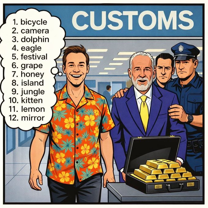 A cartoon comic at 'CUSTOMS' showing a man in a Hawaiian shirt thinking of items (bicycle, camera, dolphin, eagle, festival, grape, honey, island, jungle, kitten, lemon, mirror) while officials discover a briefcase of gold bars.