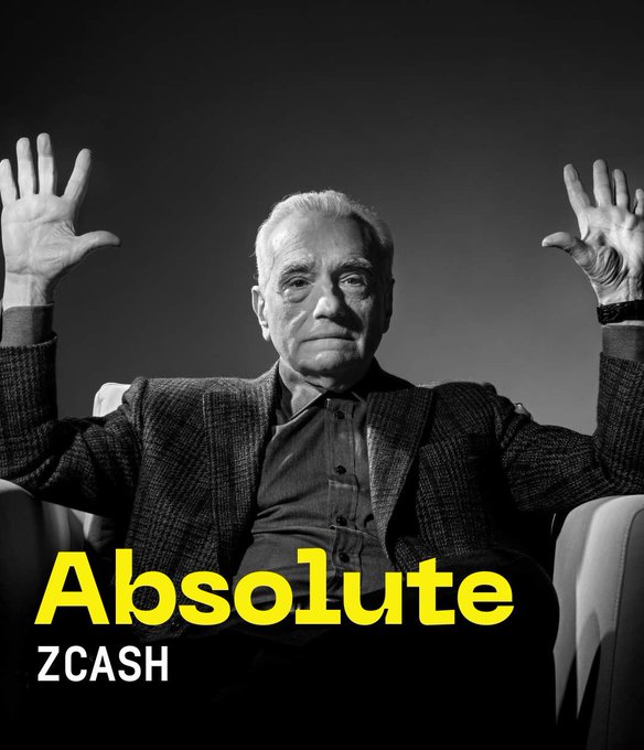 A black-and-white advertisement featuring an older man with his hands raised, with large yellow text reading "Absolute ZCASH" overlaid at the bottom.
