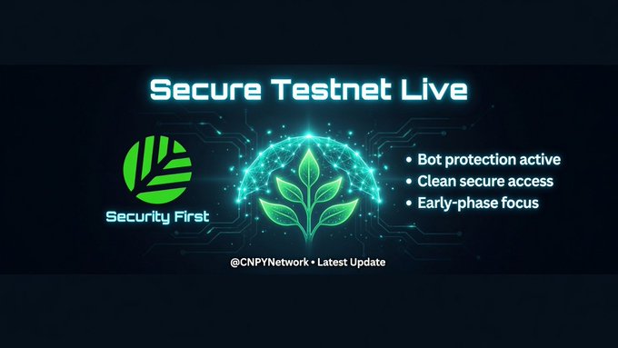 A promotional graphic announces "Secure Testnet Live" for @CNPYNetwork, featuring a green leaf logo, a glowing plant icon within a digital dome, and bullet points highlighting "Bot protection active," "Clean secure access," and "Early-phase focus," reinforcing the post's observation that the testnet page emphasizes security but lacks tokenomics details.