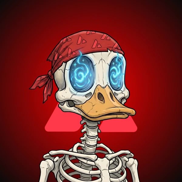 The image features a cartoon duck with a skeleton, wearing a red bandana around its neck and a skull-like headband. The background of the image is red, which complements the overall color scheme of the cartoon duck's attire. There are also some text elements in the image that read "It's Saturday let’s get our Quack on The @headuck_avax are on the move". This suggests a connection between the cartoon duck and the post about the Quack on Twitter, possibly indicating a popular or relevant topic related to the cartoon.