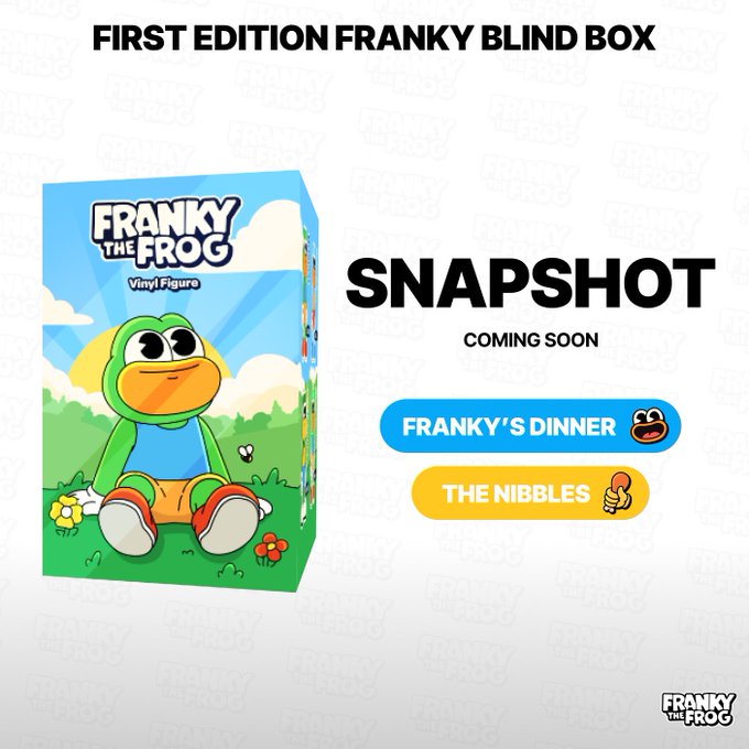 Promotional graphic for the 'FIRST EDITION FRANKY BLIND BOX' featuring a green frog vinyl figure, announcing 'SNAPSHOT COMING SOON' with two variants: 'FRANKY'S DINNER' and 'THE NIBBLES'.