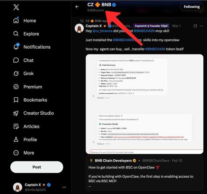The image shows CZ's X profile with 8,888 posts highlighted by a red arrow, matching the post's observation about reaching exactly 8,888 posts on the platform.