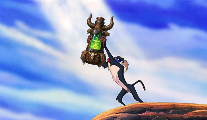 An animated scene showing a thin black cat standing on its hind legs on a rock, holding up a large ornate jar filled with glowing green liquid against a cloudy sky.