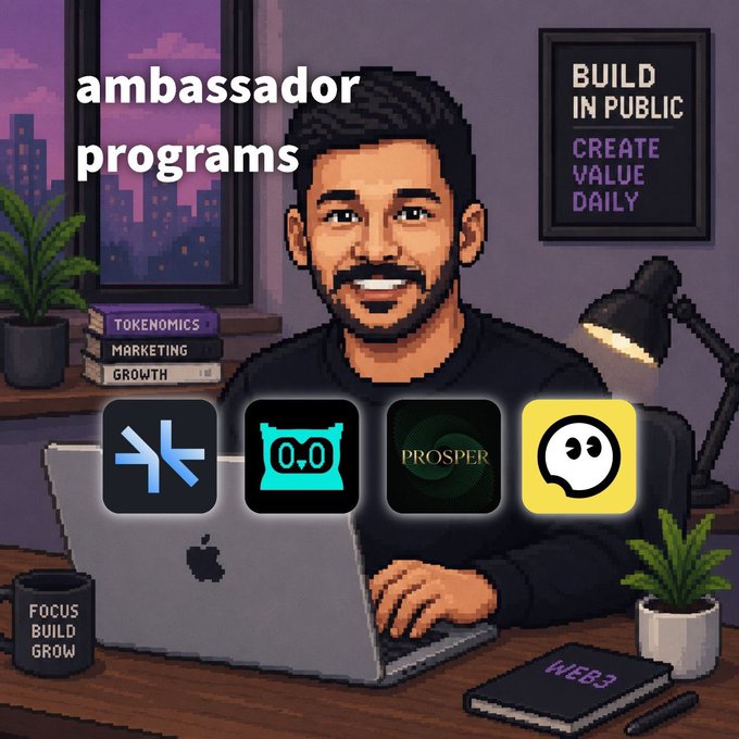 A pixel art illustration of a smiling man at a laptop with the text 'ambassador programs' and 'BUILD IN PUBLIC CREATE VALUE DAILY', along with app icons including one labeled 'PROSPER'.