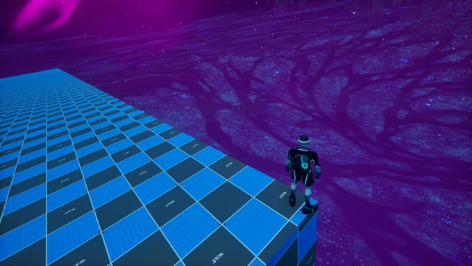 A 3D video game scene shows a character standing at the edge of a blue checkered platform, looking out into a purple starry void with tree-like silhouettes.