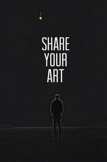 The image features a poster with a silhouette of a person standing against a black background, which appears to be a night sky or starry night scene. The text "SHARE YOUR ART" is written above the silhouette, emphasizing the importance of sharing artworks. The poster also includes an image of a light bulb and a clock, adding visual interest to the design.