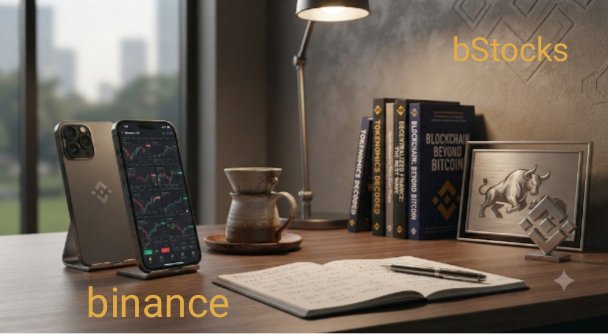 A lifestyle product scene shows a smartphone, coffee mug, Bitcoin-themed books including 'TECHNOMIC BITCOIN' and 'BLOCKCHAIN BEYOND BITCOIN', and a bull figurine, with 'binance' and 'bStocks' text overlays.