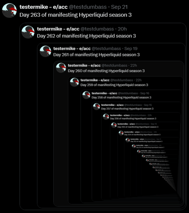 A cascading Twitter/X thread screenshot from user 'testermike - e/acc @testdumbass' showing consecutive posts about 'Day [number] of manifesting Hyperliquid season 3'.