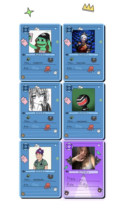 The image features six blue cards with different cartoon characters, including a girl wearing a purple shirt holding a pink hat. The cards are arranged vertically against a white background, creating an interesting visual effect. The text "Curiosity got the best of me, so I gave Ritualmon a try Connected my wallet, made the pull, and a few moments later my card was secured on-chain" is written below each card, providing context to the image.
