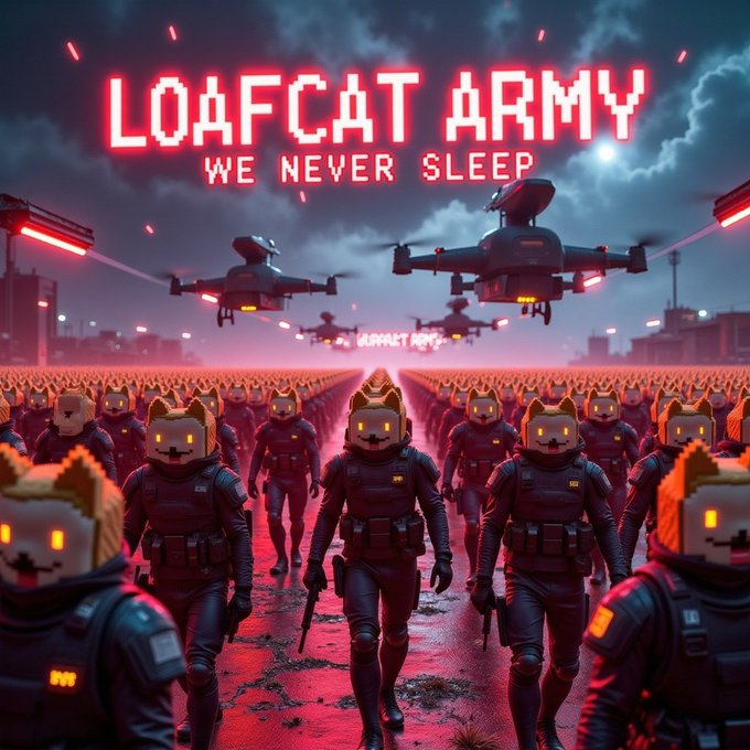 A sci-fi themed illustration featuring rows of soldiers wearing cat-themed helmets under the glowing neon red text 'LOAFCAT ARMY WE NEVER SLEEP', with drones flying overhead.