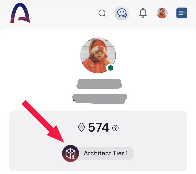 A social media profile page showing a user with 574 tokens and an 'Architect Tier 1' badge highlighted by a pink arrow.