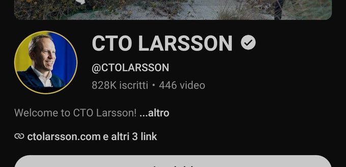 irtfarson's Twitter account, with a profile picture and a header that reads "Welcome to @CTO Larsonson" and "828k iscrriti +44 video".