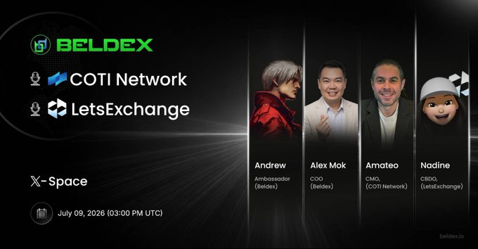 Promotional banner for a Beldex X-Space event on July 09, 2026 (03:00 PM UTC), featuring speakers Andrew (Ambassador, Beldex), Alex Mok (COO, Beldex), Amateo (CMO, COTI Network), and Nadine (CBDO, LetsExchange).